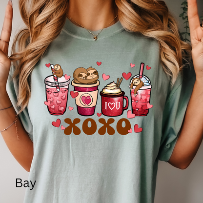 a woman wearing a shirt that says i love coffee